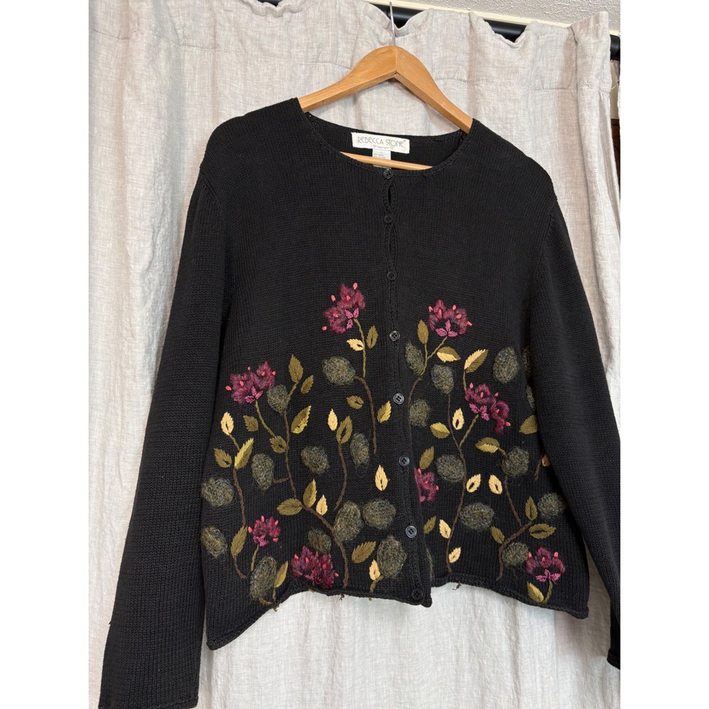 Rebecca Stone Black Floral Embroidered Ramie Cotton Cardigan Sweater Large